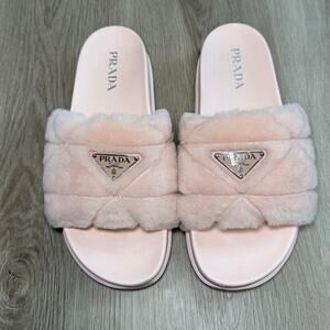 Prada Shearling Slides Orchid Pink Size 40.5 – Fuzzy Designer Sandal Slippers